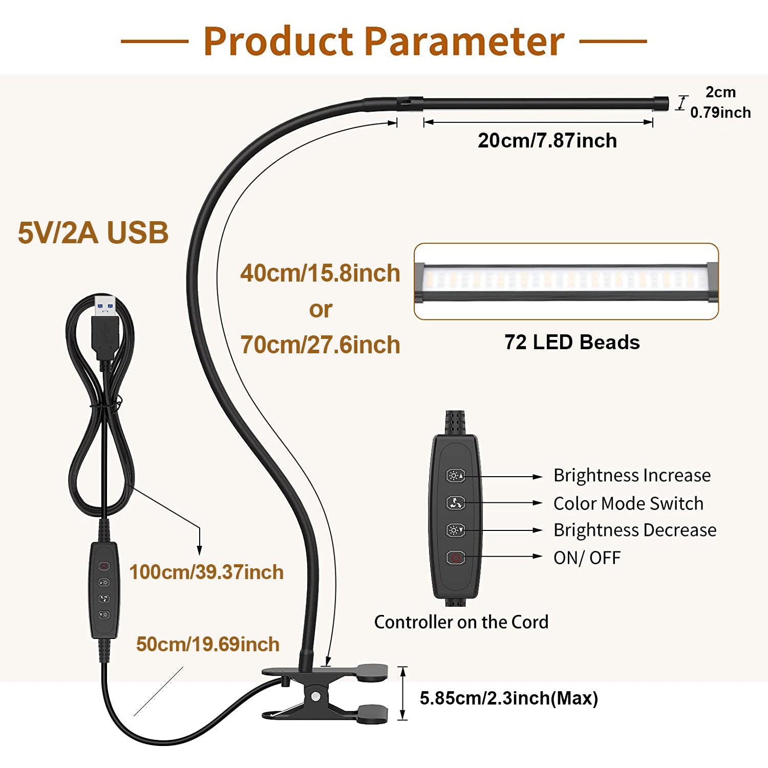 On Desk Dimmable Lamp  - 3 Modes - 10 Brightness Levels - 10W LED Clip