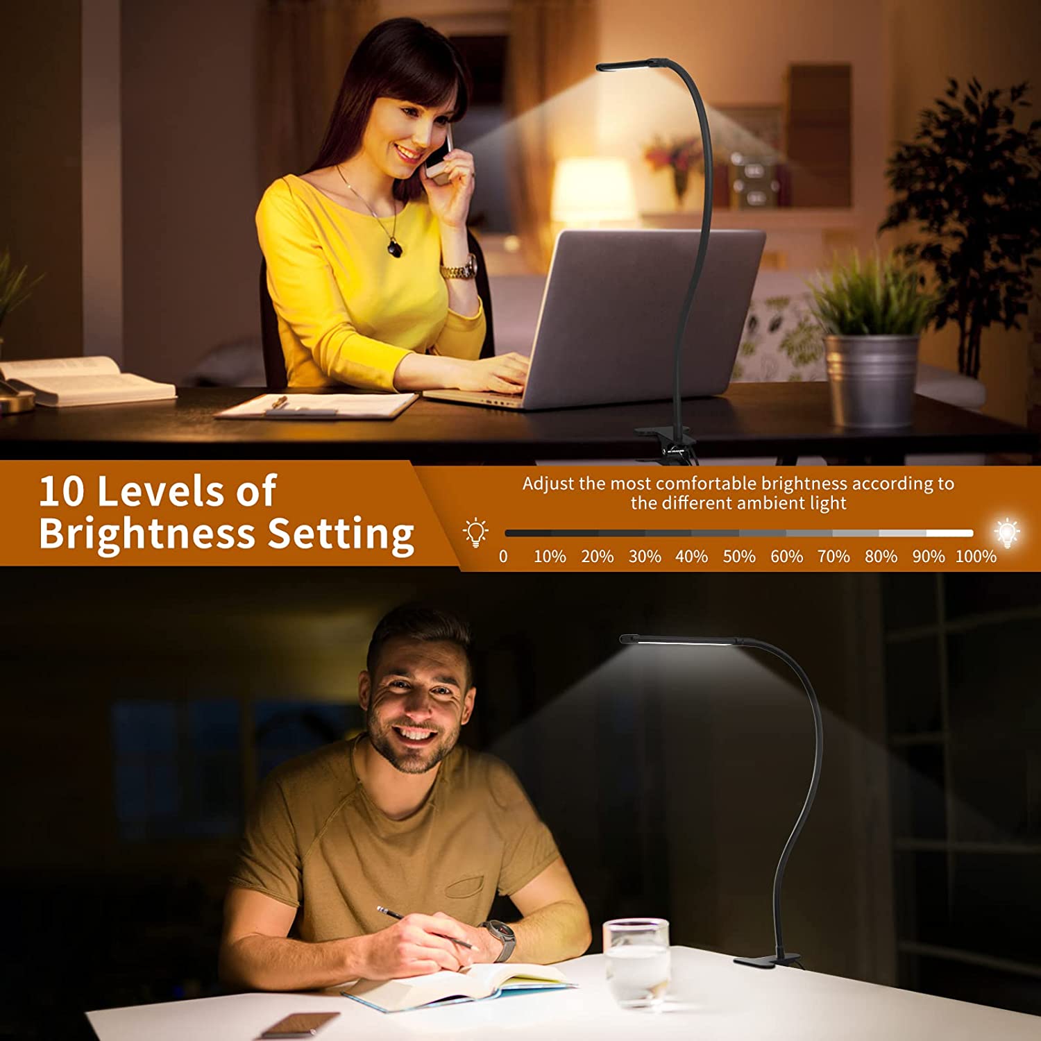 On Desk Dimmable Lamp  - 3 Modes - 10 Brightness Levels - 10W LED Clip