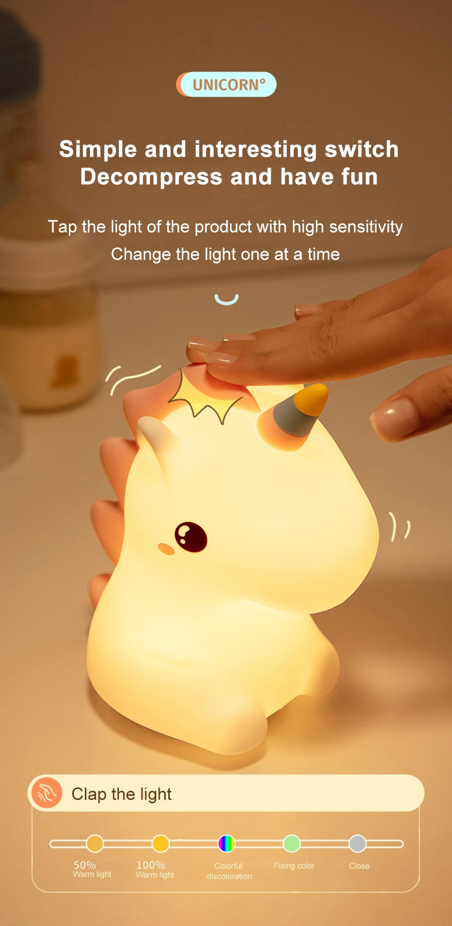 Unicorn Silicone LED Night Light – USB Rechargeable, Touch Lamp for Kids