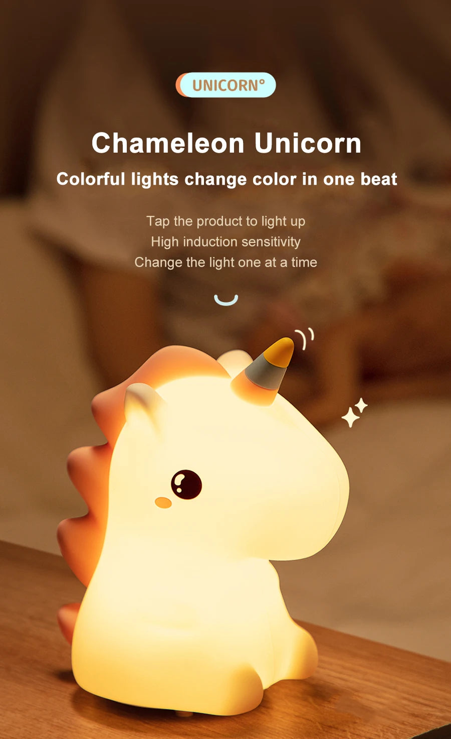 Unicorn Silicone LED Night Light – USB Rechargeable, Touch Lamp for Kids