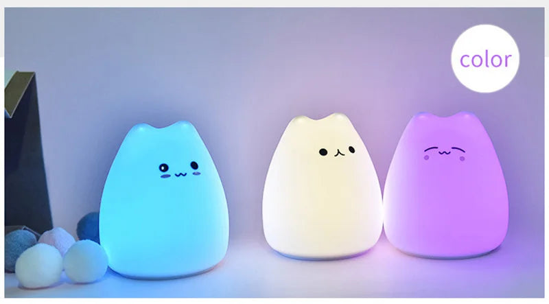 LED Colorful Cat Night Light – Soft Silicone, Cartoon Nursery Lamp for Kids