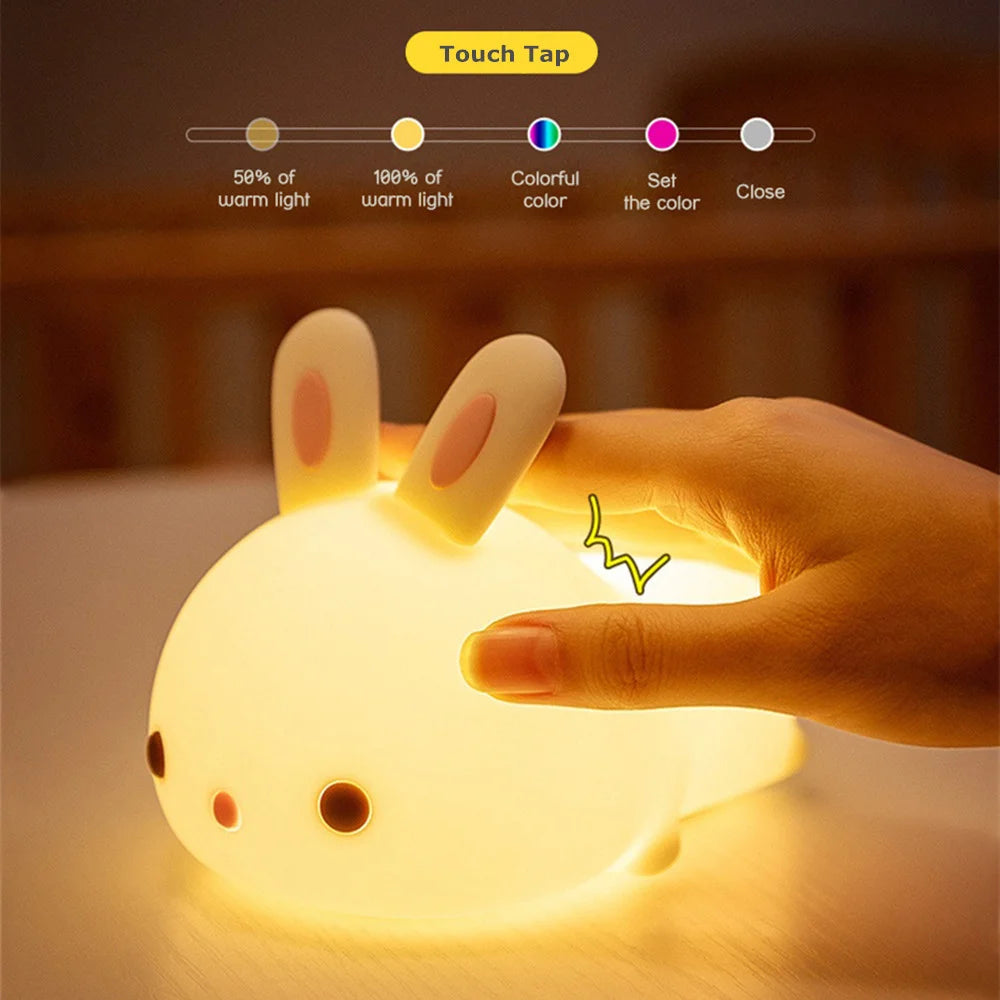 RGB Touch Sensor Rabbit Night Light – 16 Colors, USB Rechargeable Bunny Lamp