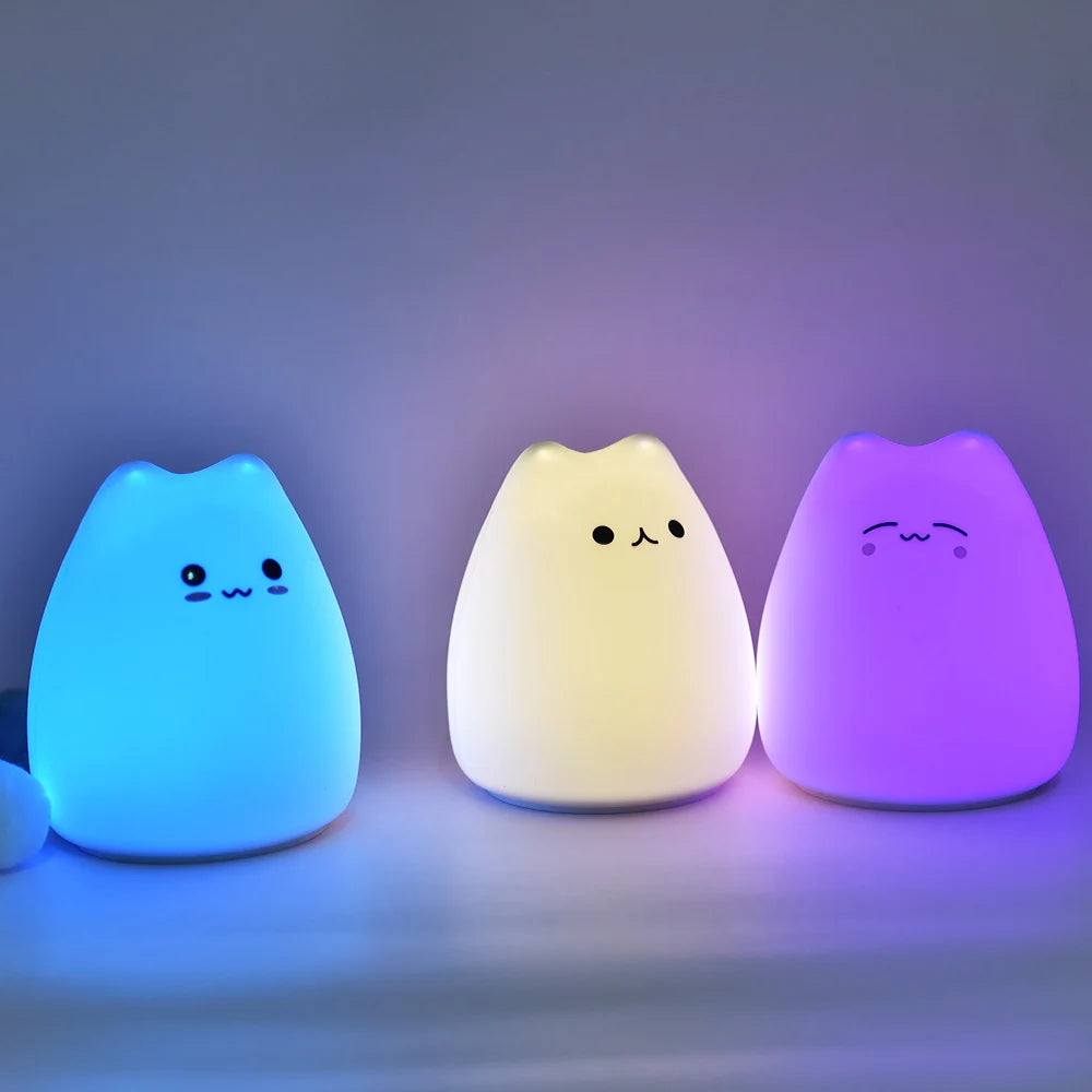 LED Colorful Cat Night Light – Soft Silicone, Cartoon Nursery Lamp for Kids