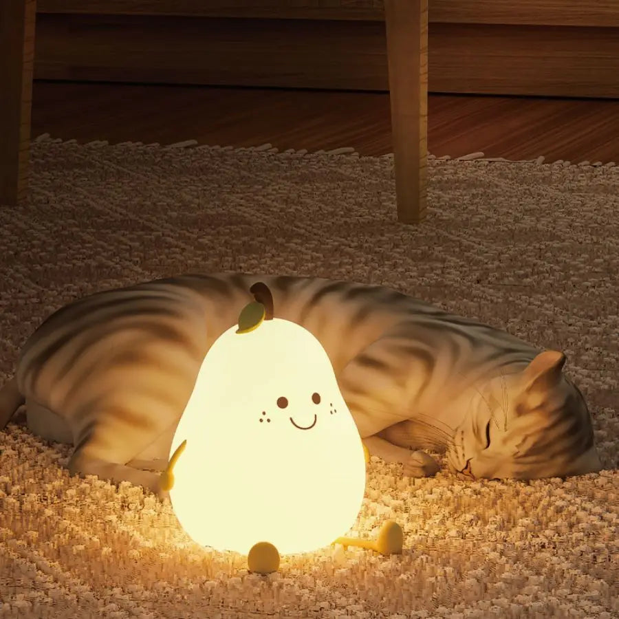 USB Rechargeable Pear Night Light – Silicone, Touch Sensor, Cat Lamp with Remote