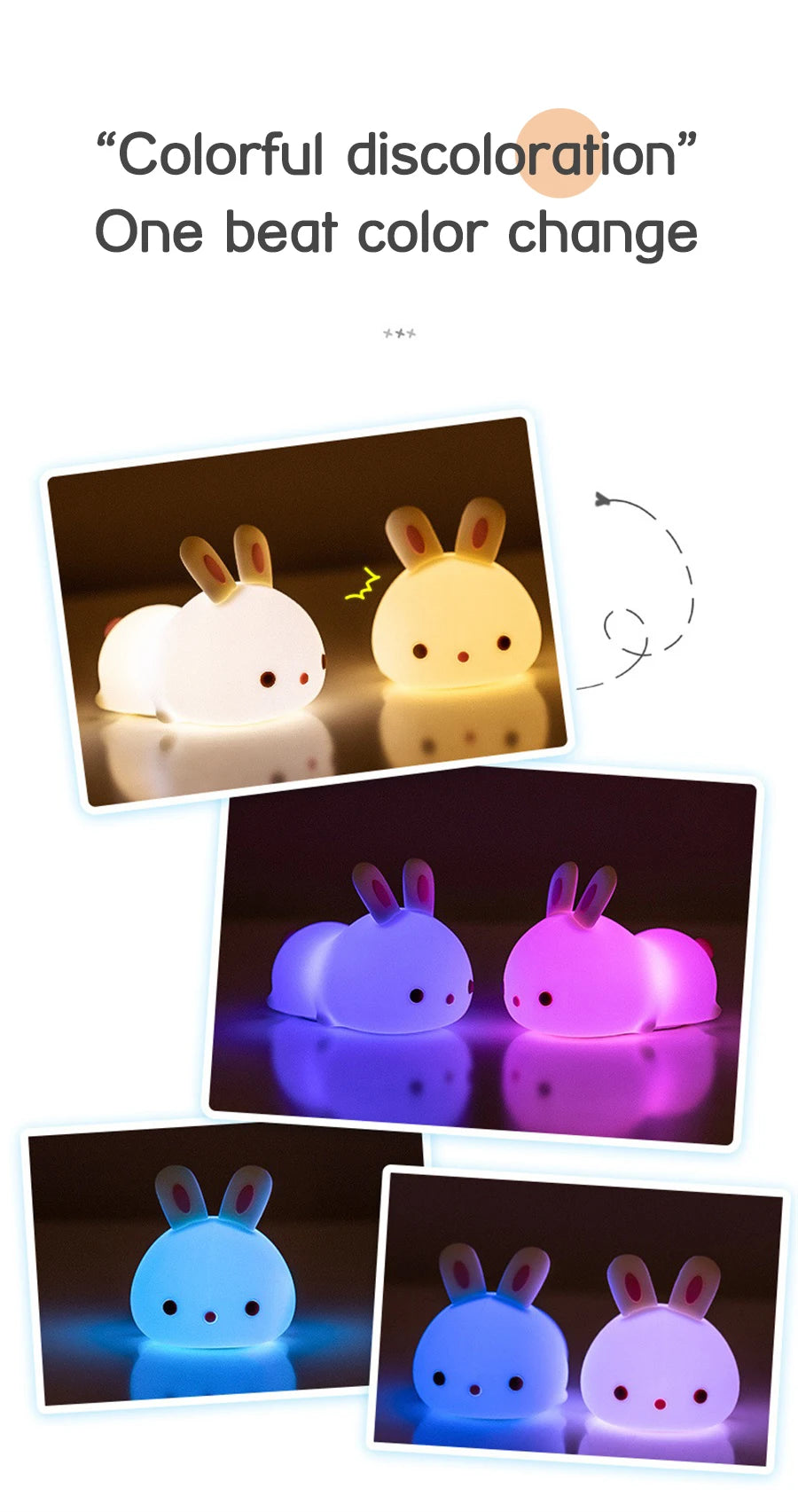 RGB Touch Sensor Rabbit Night Light – 16 Colors, USB Rechargeable Bunny Lamp