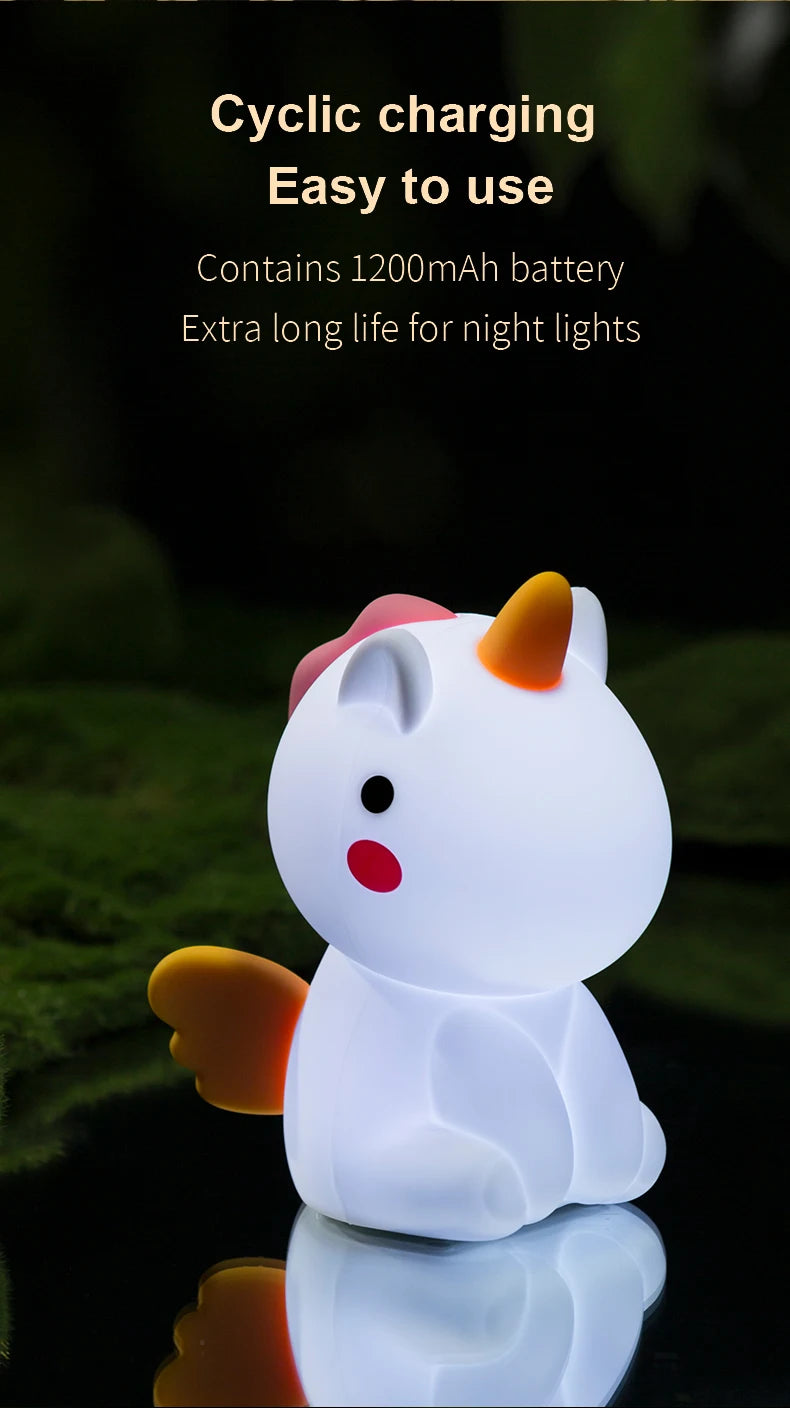 Unicorn Silicone LED Night Light – USB Rechargeable, Touch Lamp for Kids