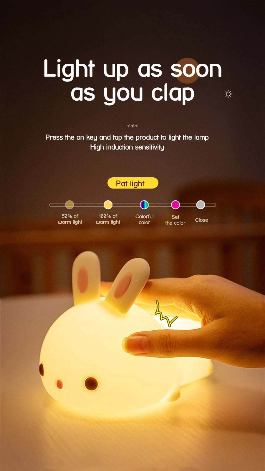 RGB Touch Sensor Rabbit Night Light – 16 Colors, USB Rechargeable Bunny Lamp