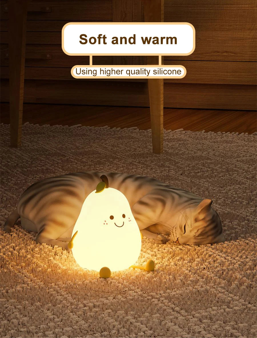 USB Rechargeable Pear Night Light – Silicone, Touch Sensor, Cat Lamp with Remote