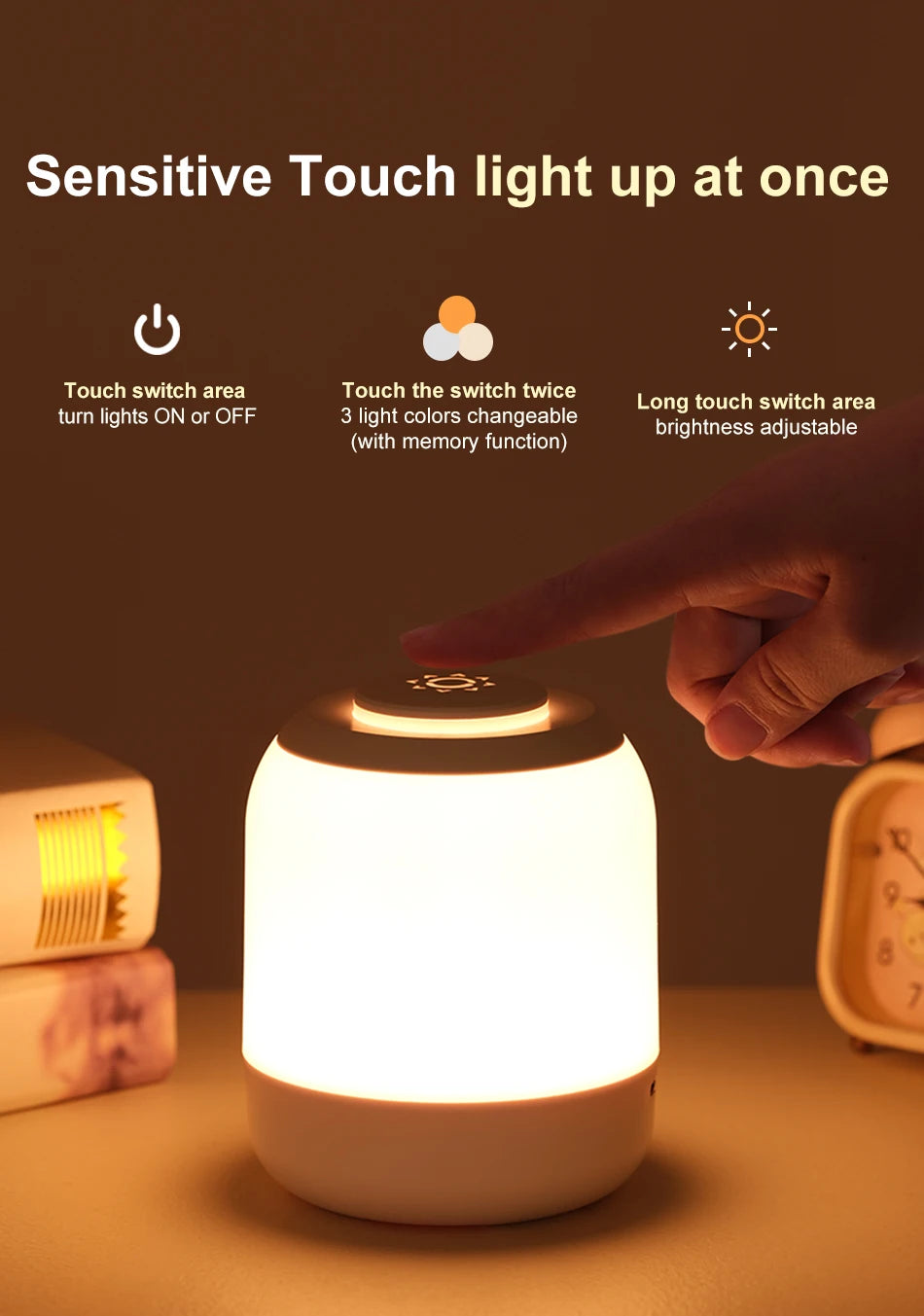 LED Touch Sensor Table Lamp – 3 Colors, USB Rechargeable, Kid’s Bedside Lamp