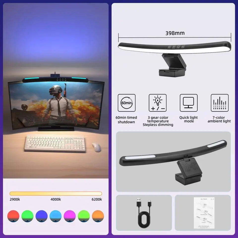 USB Dimming Monitor Light Bar – RGB Curved Screen Ambient Desk Lamp