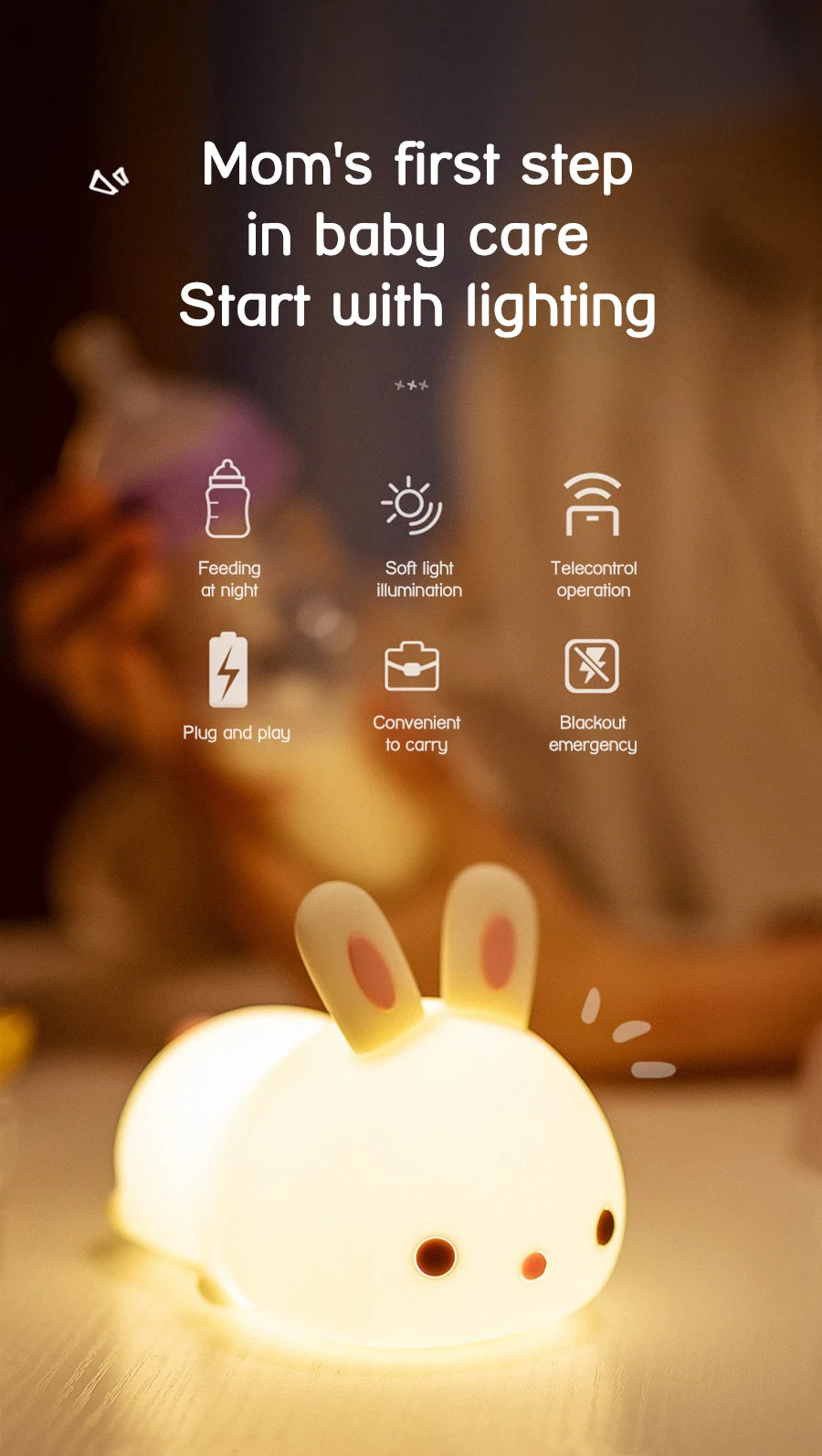 RGB Touch Sensor Rabbit Night Light – 16 Colors, USB Rechargeable Bunny Lamp