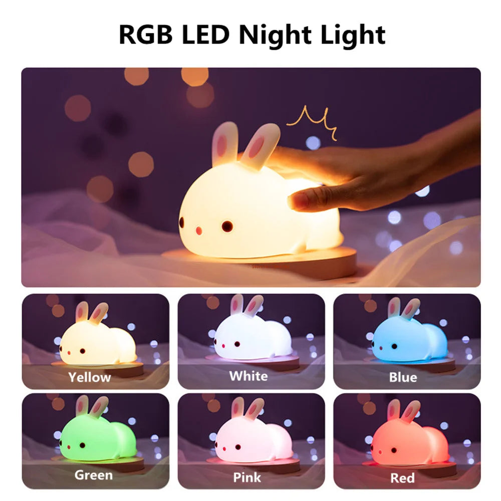 RGB Touch Sensor Rabbit Night Light – 16 Colors, USB Rechargeable Bunny Lamp