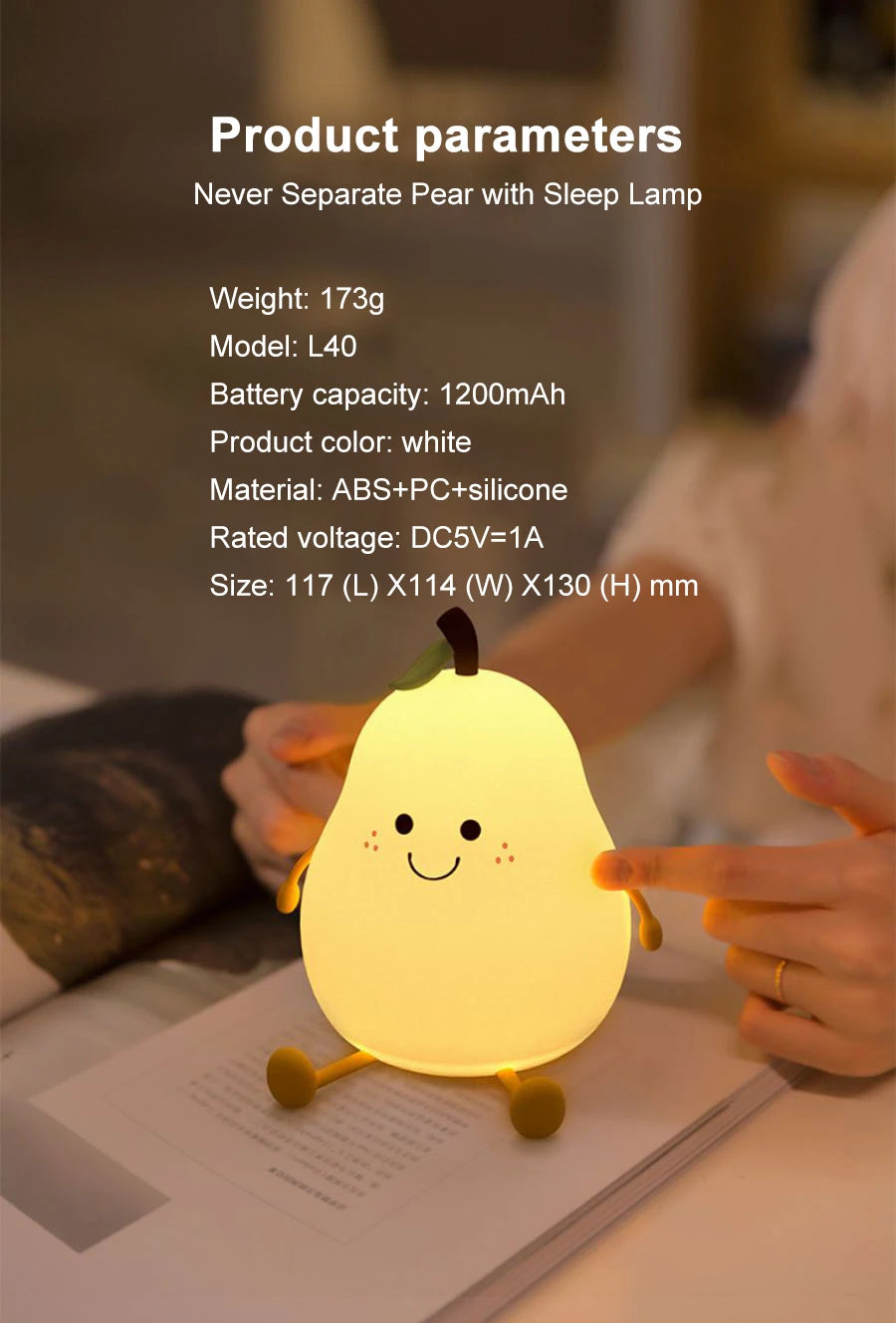 USB Rechargeable Pear Night Light – Silicone, Touch Sensor, Cat Lamp with Remote