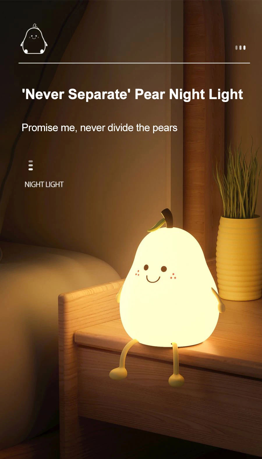 USB Rechargeable Pear Night Light – Silicone, Touch Sensor, Cat Lamp with Remote