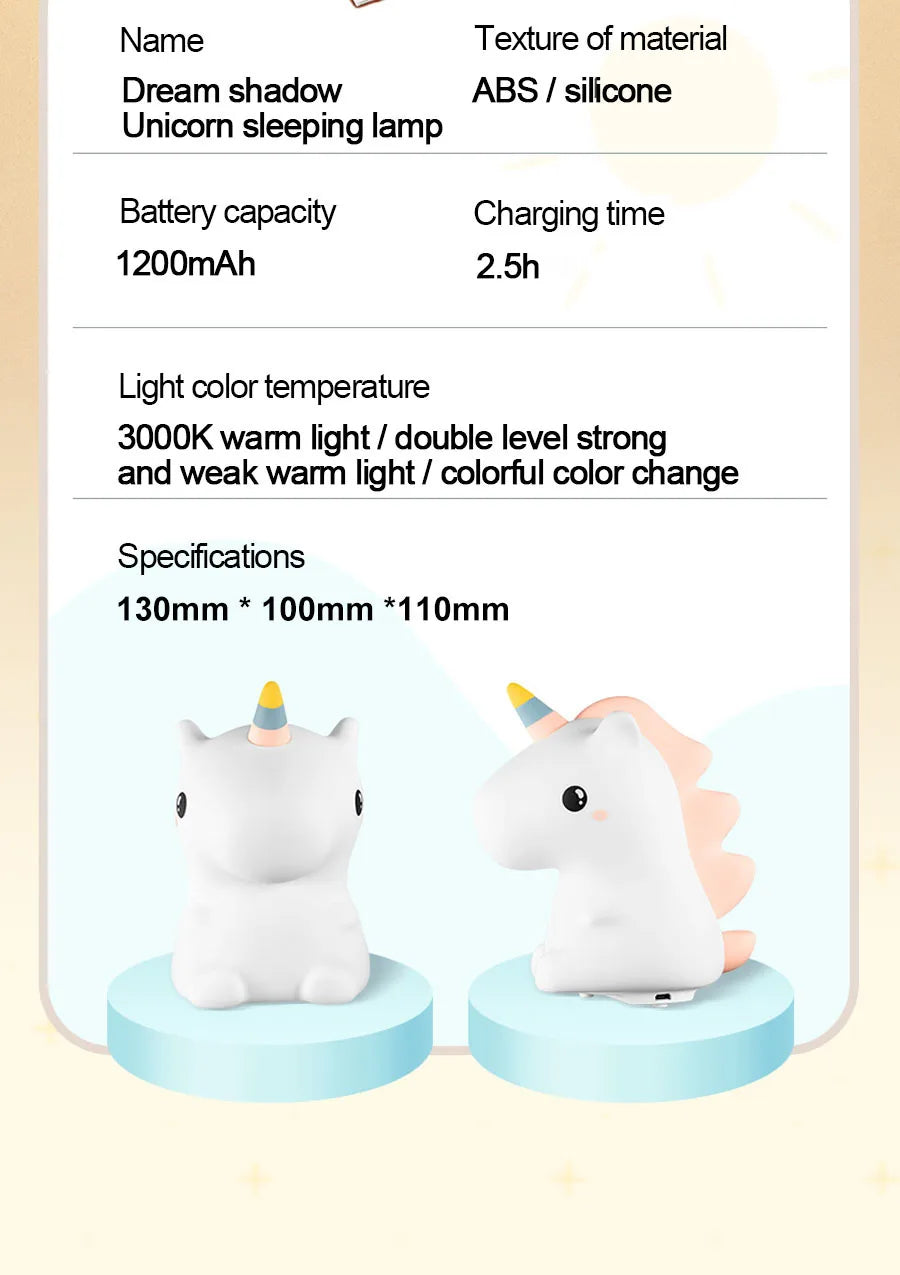 Unicorn Silicone LED Night Light – USB Rechargeable, Touch Lamp for Kids