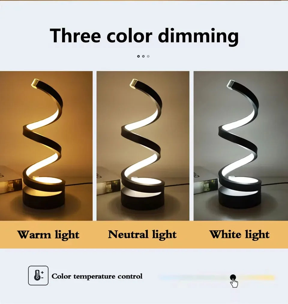 LED Spiral Table Lamp – Dimmable, Modern Night Light for Bedroom & Office