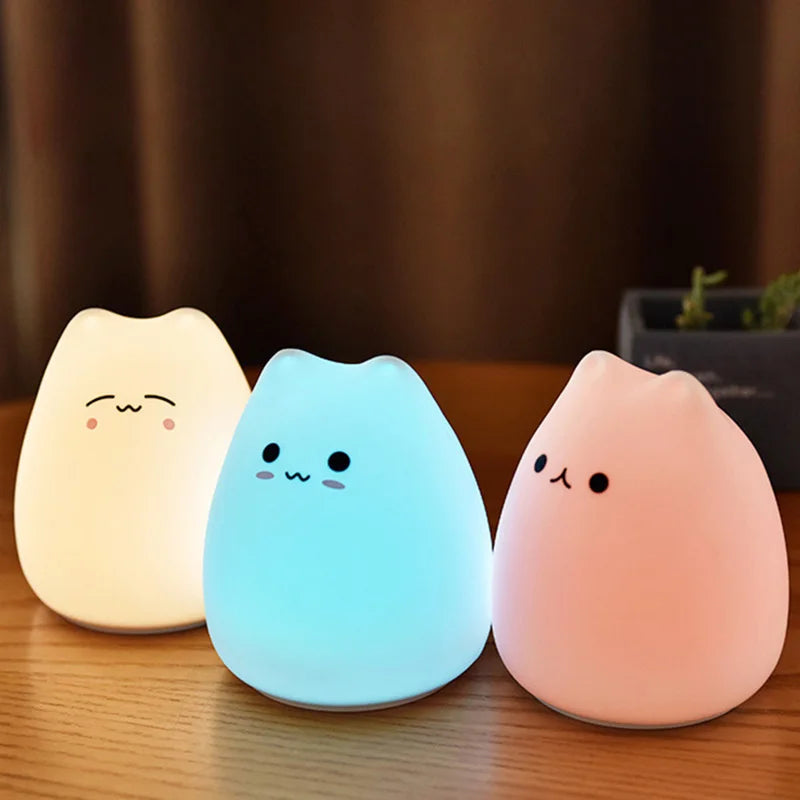 LED Colorful Cat Night Light – Soft Silicone, Cartoon Nursery Lamp for Kids