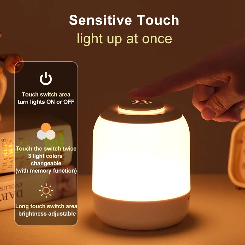 LED Touch Sensor Table Lamp – 3 Colors, USB Rechargeable, Kid’s Bedside Lamp