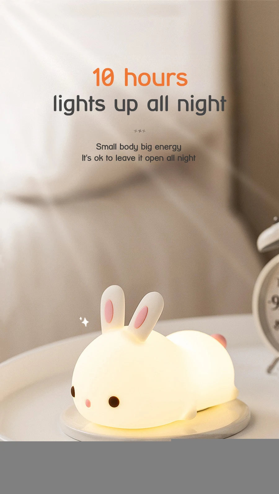 RGB Touch Sensor Rabbit Night Light – 16 Colors, USB Rechargeable Bunny Lamp