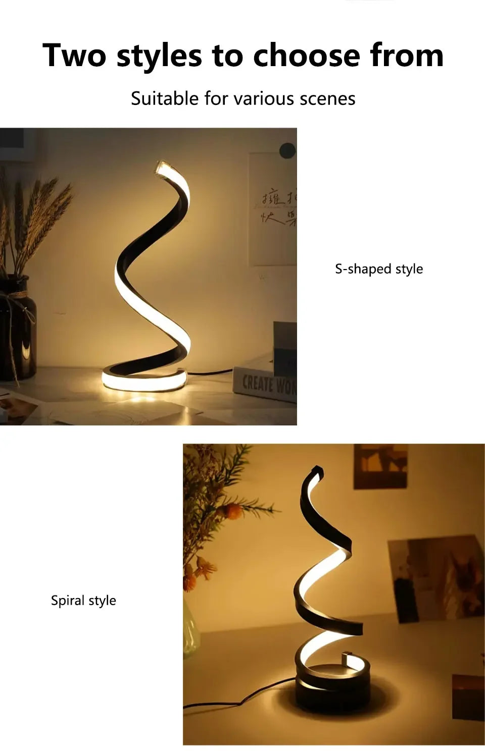 LED Spiral Table Lamp – Dimmable, Modern Night Light for Bedroom & Office